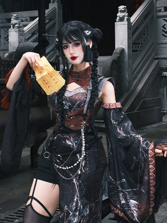 中国風ロリータドレス クロスロングスリーブ ポリエステル 中国風アニマルプリント ブラック レッド 中国風ロリータ