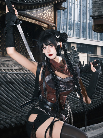 中国風ロリータドレス クロスロングスリーブ ポリエステル 中国風アニマルプリント ブラック レッド 中国風ロリータ