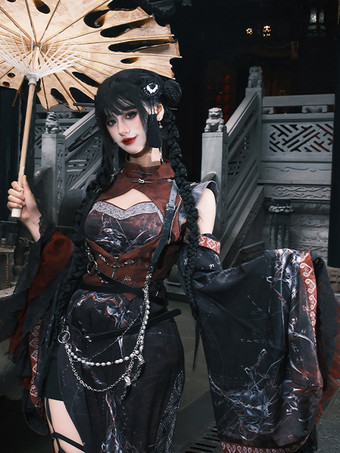 中国風ロリータドレス クロスロングスリーブ ポリエステル 中国風アニマルプリント ブラック レッド 中国風ロリータ