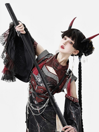 中国風ロリータドレス クロスロングスリーブ ポリエステル 中国風アニマルプリント ブラック レッド 中国風ロリータ