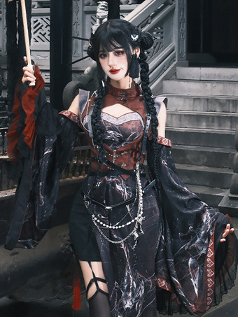 中国風ロリータドレス クロスロングスリーブ ポリエステル 中国風アニマルプリント ブラック レッド 中国風ロリータ