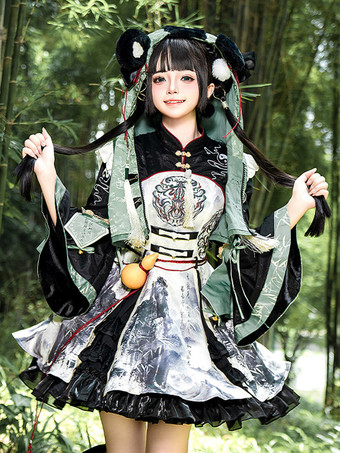 中国風ロリータドレス グロメット 長袖 サテン生地 中国風パンダ 黒 中国風ロリータ