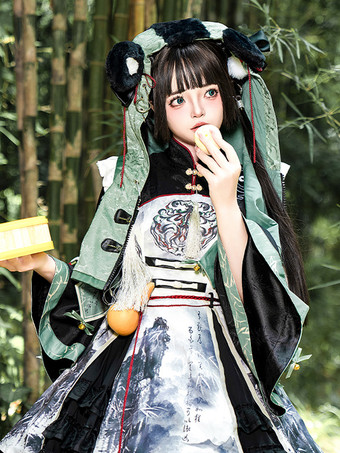 中国風ロリータドレス グロメット 長袖 サテン生地 中国風パンダ 黒 中国風ロリータ