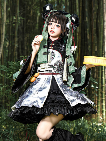 中国風ロリータドレス グロメット 長袖 サテン生地 中国風パンダ 黒 中国風ロリータ