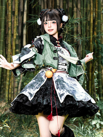 中国風ロリータドレス グロメット 長袖 サテン生地 中国風パンダ 黒 中国風ロリータ