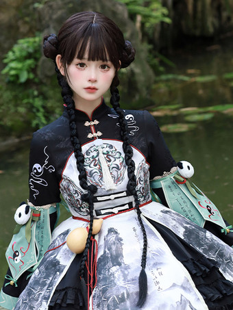 中国風ロリータドレス グロメット 長袖 サテン生地 中国風パンダ 黒 中国風ロリータ