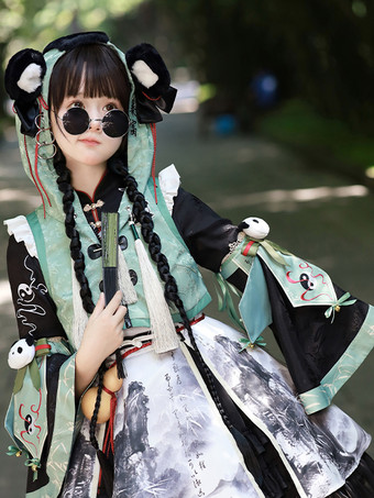 中国風ロリータドレス グロメット 長袖 サテン生地 中国風パンダ 黒 中国風ロリータ