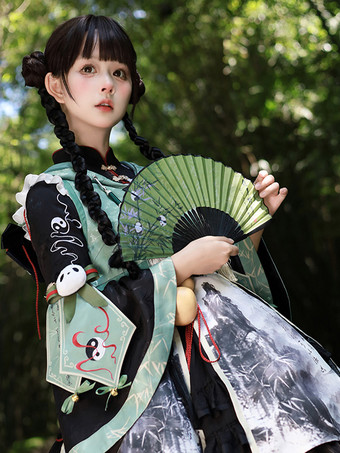 中国風ロリータドレス グロメット 長袖 サテン生地 中国風パンダ 黒 中国風ロリータ