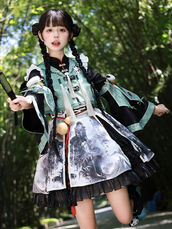 中国風ロリータドレス グロメット 長袖 サテン生地 中国風パンダ 黒 中国風ロリータ