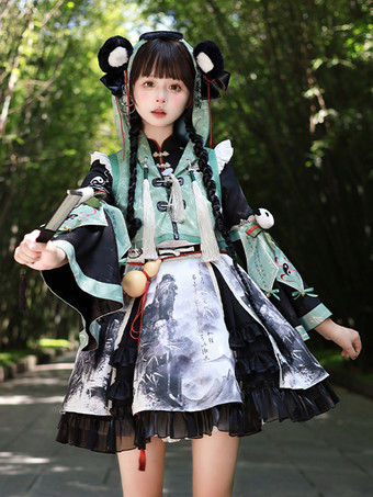 ブラック 中国風ロリータドレス グロメット 長袖 サテン生地 中国風パンダ 黒 中国風ロリータ