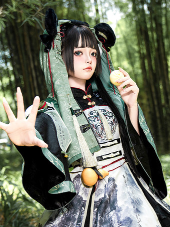 中国風ロリータドレス グロメット 長袖 サテン生地 中国風パンダ 黒 中国風ロリータ