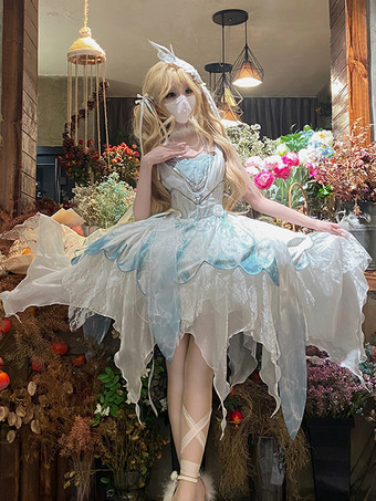 Robes Lolita Style Tea Party Jupe Lolita Nœuds Sans Manches Robe De Mariée Lolita En Polyester Paon Blanc