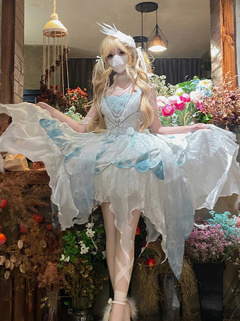 Robes Lolita Style Tea Party Jupe Lolita Nœuds Sans Manches Robe De Mariée Lolita En Polyester Paon Blanc