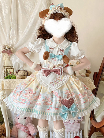 beigeRobe Lolita douce en polyester à manches courtes Robe Lolita douce de conte de fées