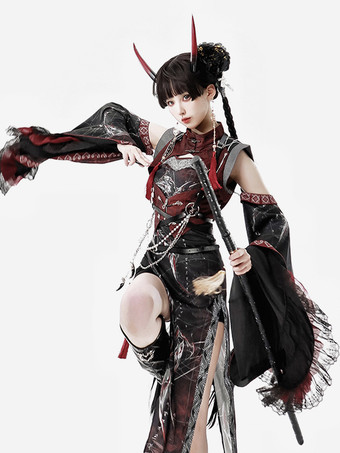 中国風ロリータドレス クロスロングスリーブ ポリエステル 中国風アニマルプリント ブラック レッド 中国風ロリータ