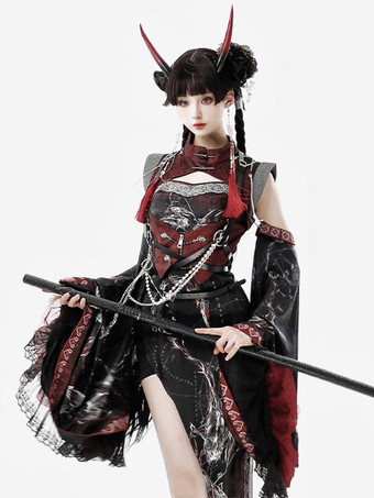 ブラックレッド中国風ロリータドレス クロスロングスリーブ ポリエステル 中国風アニマルプリント ブラック レッド 中国風ロリータ