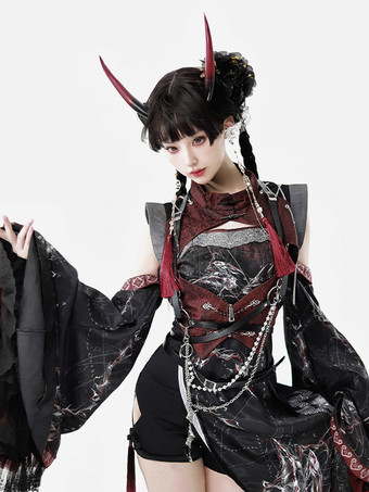 中国風ロリータドレス クロスロングスリーブ ポリエステル 中国風アニマルプリント ブラック レッド 中国風ロリータ