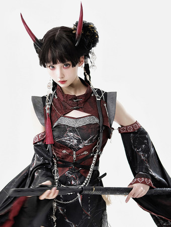 中国風ロリータドレス クロスロングスリーブ ポリエステル 中国風アニマルプリント ブラック レッド 中国風ロリータ