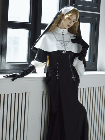 Nonnenästhetik Dunkles Gothic Lolita Kleid Nonnenstil Gothic Lolita Kleider Metalldetails Gerafftes Kreuz