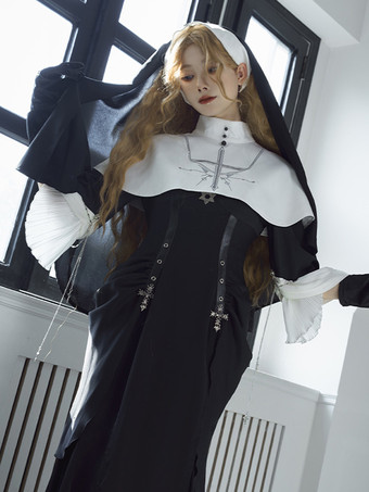 Gothic Lolita Dresses Metal Details Ruched Cross Black Black