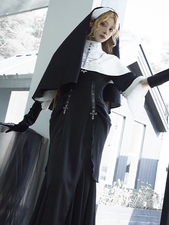 Gothic Lolita Dresses Metal Details Ruched Cross Black Black