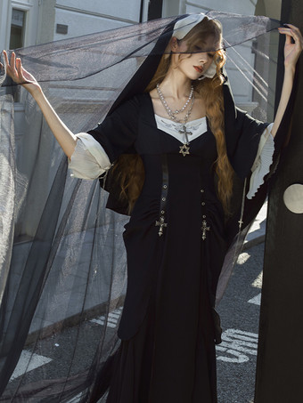 Gothic Lolita Dresses Metal Details Ruched Cross Black Black