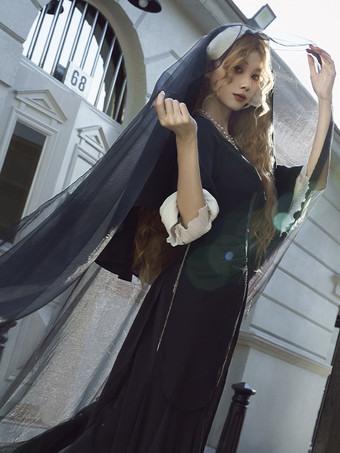 Gothic Lolita Dresses Metal Details Ruched Cross Black Black