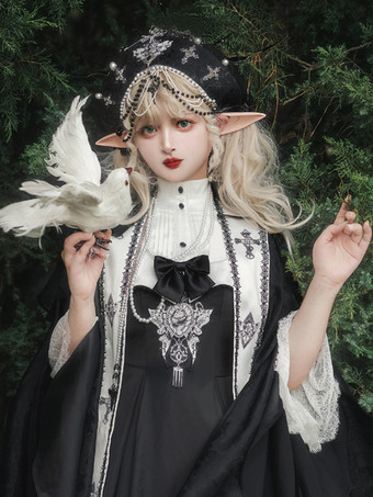 Gothic Lolita Kleider Schleifen Perlen Kreuz Schwarz Schwarz