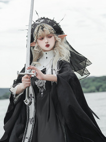 Gothic Lolita Kleider Schleifen Perlen Kreuz Schwarz Schwarz