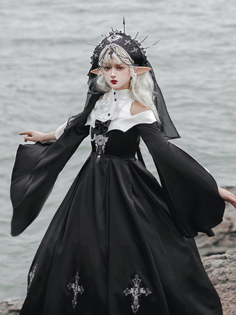 Gothic Lolita Kleider Schleifen Perlen Kreuz Schwarz Schwarz