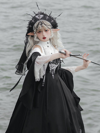 Gothic Lolita Kleider Schleifen Perlen Kreuz Schwarz Schwarz