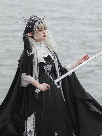Gothic Lolita Kleider Schleifen Perlen Kreuz Schwarz Schwarz