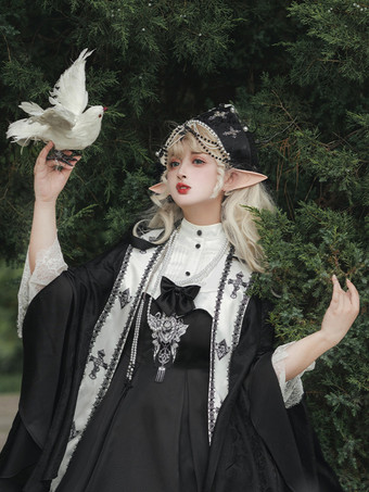 Gothic Lolita Kleider Schleifen Perlen Kreuz Schwarz Schwarz