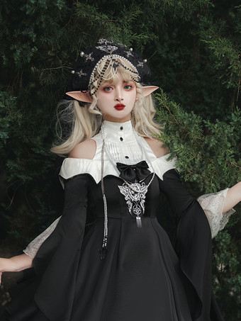 Gothic Lolita Kleider Schleifen Perlen Kreuz Schwarz Schwarz