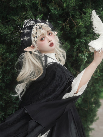 Gothic Lolita Kleider Schleifen Perlen Kreuz Schwarz Schwarz