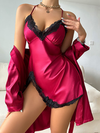 レッド パジャマセット 赤いシルクのようなツートンレースデートランジェリー