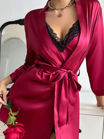 パジャマセット 赤いシルクのようなツートンレースデートランジェリー