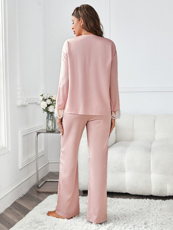 パジャマセット ピンク シルク風 ツートン レース 室内用ランジェリー