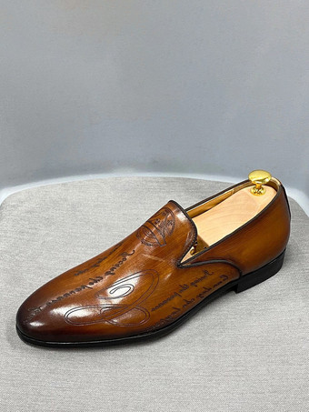 ブラウン メンズ スリッポン ローファー 牛革 ローファー 文字プリント ペニーシューズ 結婚式やプロムに最適