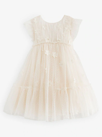 ホワイトフラワーガールドレス アイボリーチュール 半袖 ジュエルネック フラワーガールドレス