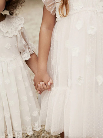 ホワイトフラワーガールドレス アイボリーチュール 半袖 ジュエルネック フラワーガールドレス