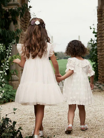 ホワイトフラワーガールドレス アイボリーチュール 半袖 ジュエルネック フラワーガールドレス