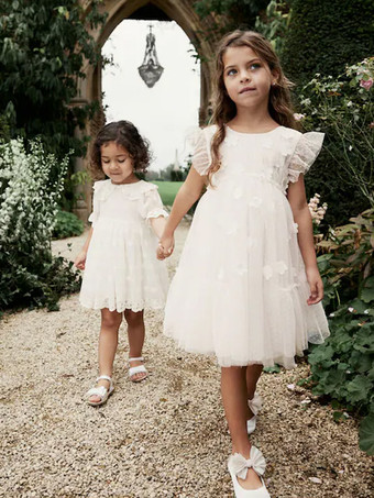 ホワイトフラワーガールドレス アイボリーチュール 半袖 ジュエルネック フラワーガールドレス