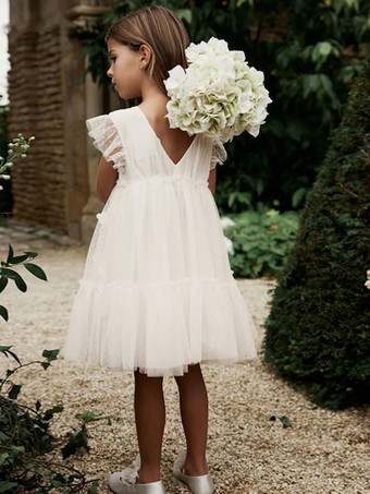 ホワイトフラワーガールドレス アイボリーチュール 半袖 ジュエルネック フラワーガールドレス