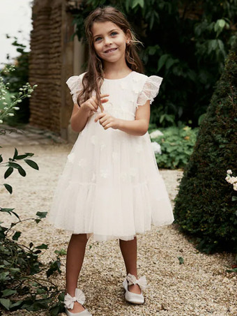 ホワイトフラワーガールドレス アイボリーチュール 半袖 ジュエルネック フラワーガールドレス