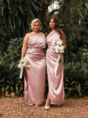 ブライズメイドドレス 伸縮性のあるシルクのようなサテンのボールガウン 足首丈のウェディングパーティードレス