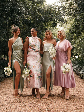 ブライズメイドドレス 伸縮性のあるシルクのようなサテンのボールガウン 足首丈のウェディングパーティードレス