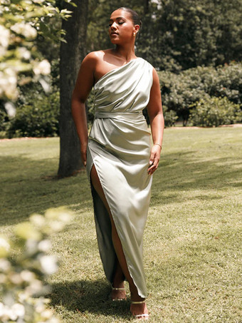 セージグリーンブライズメイドドレス 伸縮性のあるシルクのようなサテンのボールガウン 足首丈のウェディングパーティードレス