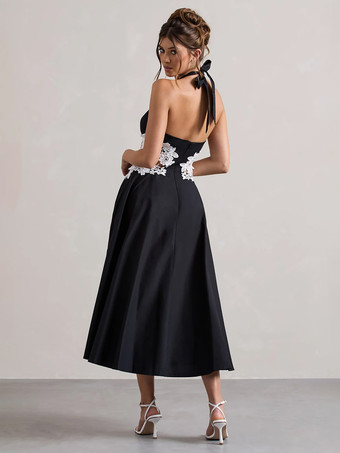 イブニングドレス Aラインデザインネックラインポリエステルティーレングスレースフォーマルパーティードレス