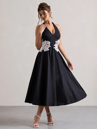 イブニングドレス Aラインデザインネックラインポリエステルティーレングスレースフォーマルパーティードレス